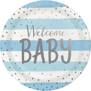 "WELCOME BABY" BLUE AND SILVER CELEBRATION PLATES 8CT