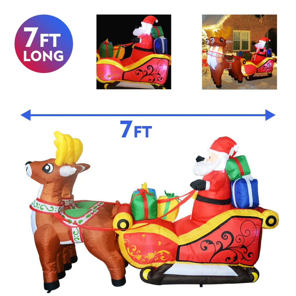 7ft. Christmas Inflatable Santa Reindeer Sleigh Outdoor Decoration wit ...