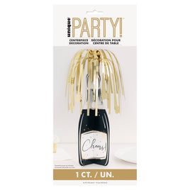 Champagne Bottle Shaped Centerpiece with Gold Foil Fringe