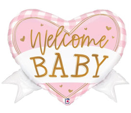 28" Pink Gingham Baby Banner Shape Foil Balloon