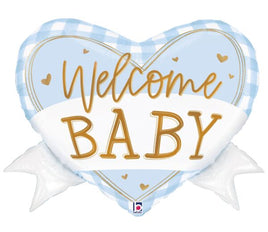 28" Blue Gingham Baby Banner Shape Foil Balloon