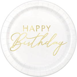 Gold Happy Birthday Round 7" Dessert Plates  8ct - Foil Stamping