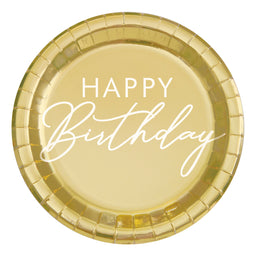 Gold Happy Birthday Round 9" Dinner Plates  8ct - Foil Stamping