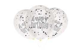 12" Clear Printed Glitz "Happy Birthday" Balloons with Confetti  Black & Silver 6 ct.