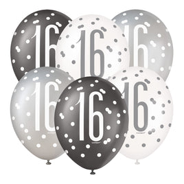 12" Glitz Black Number 16 Assorted Latex Balloons 6 ct.