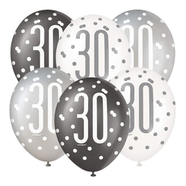 12" Glitz Black Number 30 Assorted Latex Balloons  6 ct.