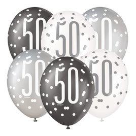 12" Glitz Black Number 50 Assorted Latex Balloons 6 ct.