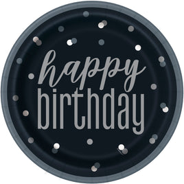 9" Glitz Black and Silver Happy Birthday Dinner Plates  8 ct.