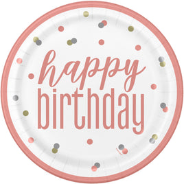 9" Glitz Rose Gold Happy Birthday Dinner Plates  8 ct.