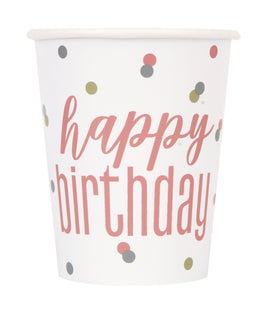 9 oz. Glitz Rose Gold Happy Birthday Cups 8 ct.
