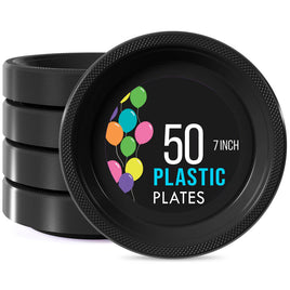 7 In. Black Plastic Plates - 50 Ct.
