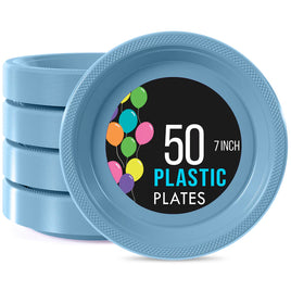 7 In. Light Blue Plastic Plates - 50 Ct.