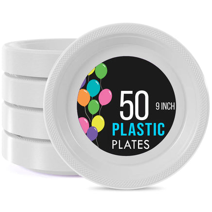 9 In. White Plastic Plates - 50 Ct.