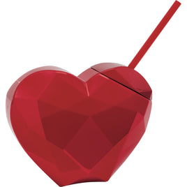 Red Metallic Faceted Heart Shaped 24 oz. Reusable Plastic Cup w/Straw