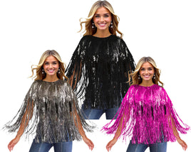 Sequin Fringe Poncho Assorted Silver