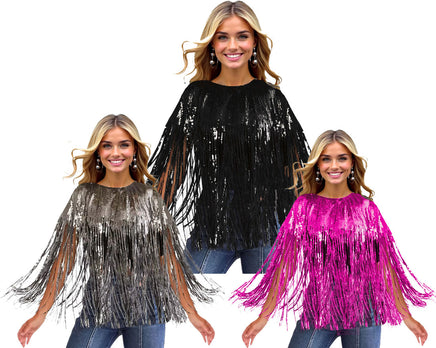 Sequin Fringe Poncho Assorted Silver