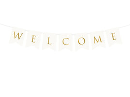 WHITE WELCOME BANNER WITH GOLD SCRIPT