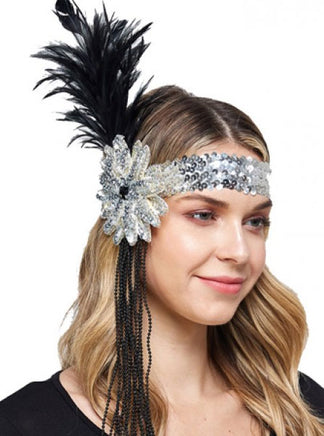 20'S Silver Flapper Headband with Flower & Feather