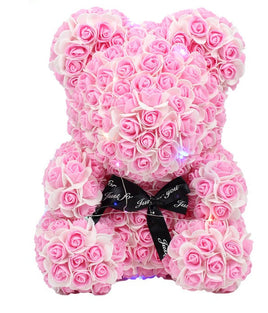 16" Pink Rose Bear w/Black Bow & Light In Box