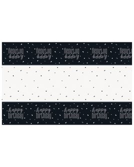 54" X 84" Glitz Black & Silver Happy Birthday Plastic Table Cover 1 ct.
