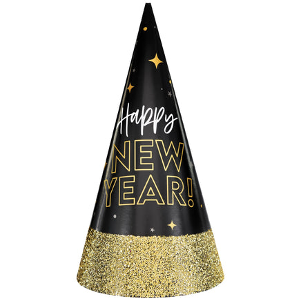 Happy New Year's Glitter Dipped Cone Hat - Black, Silver, Gold  1 ct.