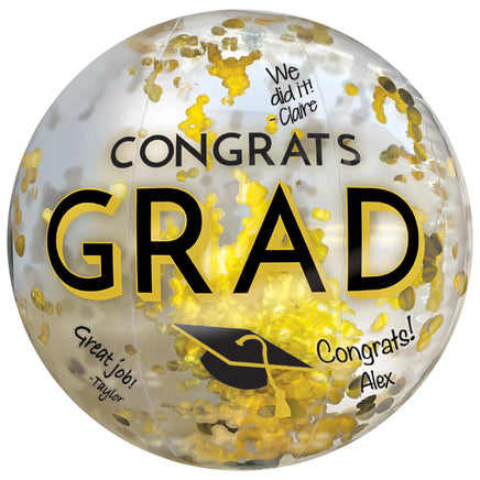 Congrats Grad Beach Ball w/  Confetti - Black, Silver, Gold
