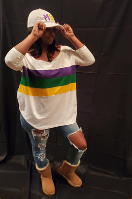 Off Shoulder White Jersey Top with Purple, Green and Gold Stripes