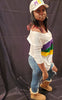 Off Shoulder White Jersey Top with Purple, Green and Gold Stripes