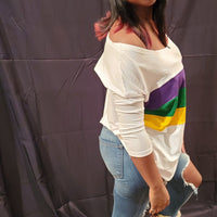 Off Shoulder White Jersey Top with Purple, Green and Gold Stripes