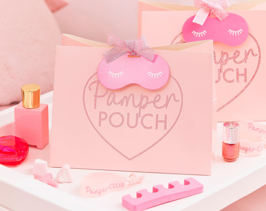 Pink Glitter Pamper Pouch with Eye Mask Shaped Tag 