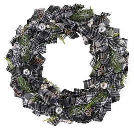 16" Black and White Buffalo Plaid Wreath Christmas Accent