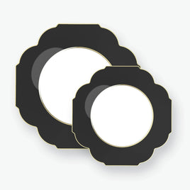 Scalloped Black, Gold Plastic Dessert Plates | 10 Pack