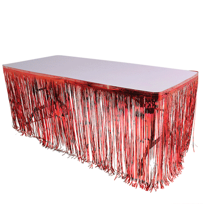 RED METALLIC FRINGE TABLE SKIRT 144