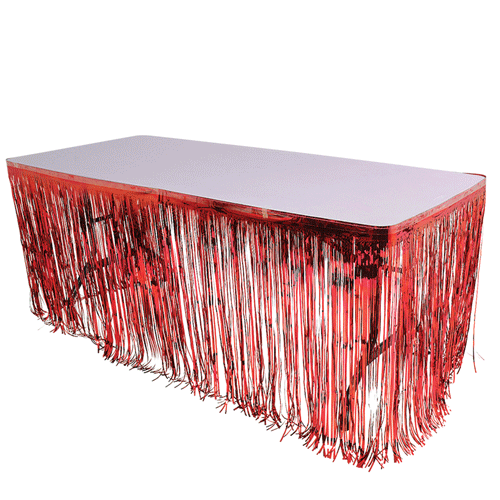 RED METALLIC FRINGE TABLE SKIRT 144 X 30