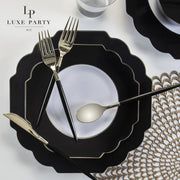 Scalloped Black, Gold Plastic Dinner Plates | 10 Pack