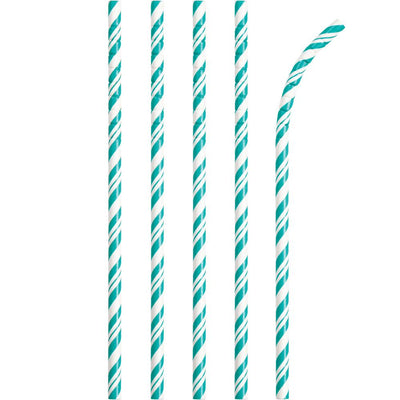 PAPER STRAWS TEAL LAGOON  AND WHITE 24 CT