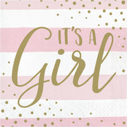"IT'S A GIRL" PINK AND GOLD CELEBRATION 2 PLY LUNCH NAPKINS 16 CT