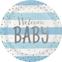 "WELCOME BABY" BLUE AND SILVER CELEBRATION PLATES 8CT