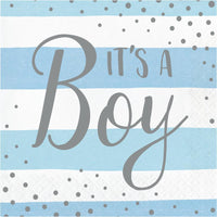 "IT'S A BOY" BLUE AND SILVER BOY CELEBRATION 2 PLY LUNCH NAPKINS 16 CT.