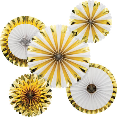 WHITE AND GOLD PAPER FAN 5 CT