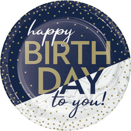 7IN. NAVY & GOLD HAPPY BIRTHDAY DESSERT PLATES  8 CT.