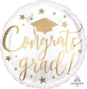 18" CONGRATS GRAD WHITE AND GOLD FOIL BALLOON