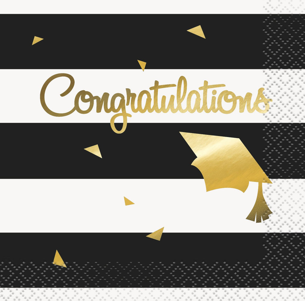 Gold and Striped Congratulations Grad Beverage Napkins  16ct - Foil Stamped
