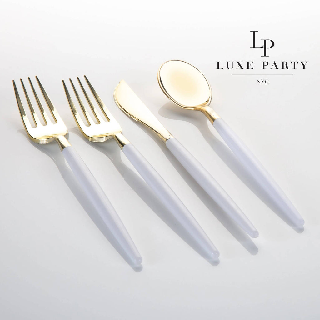 White, Gold Plastic Cutlery Set | 32 Pieces