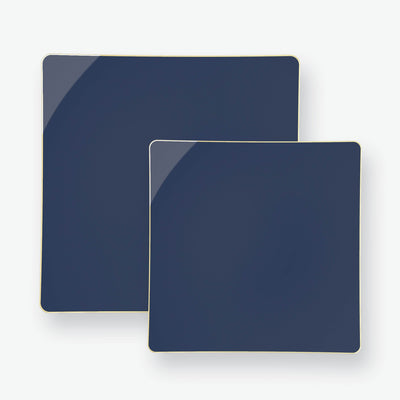 Square Coupe Navy Gold Plastic Dessert Plates | 10 Pack