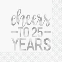 Silver Foil Cheers to 25 Years Luncheon Napkins  16ct - Foil Stamped