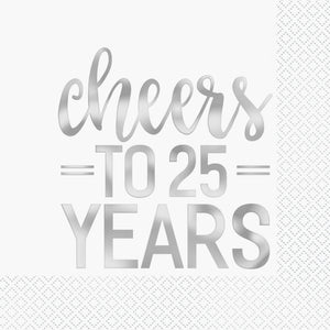 Silver Foil Cheers to 25 Years Luncheon Napkins  16ct - Foil Stamped
