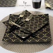 Square Black, Gold Pattern Plastic Plates | 10 Plates