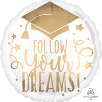 17" FOLLOW YOUR DREAMS WHITE AND GOLD FOIL BALLOON