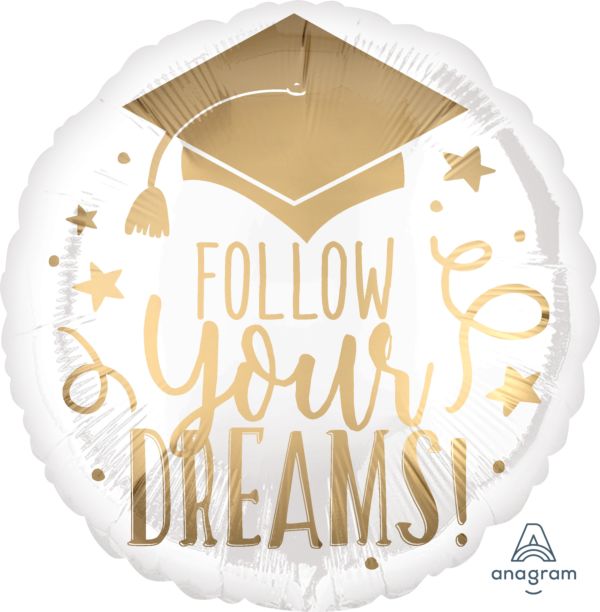 17" FOLLOW YOUR DREAMS WHITE AND GOLD FOIL BALLOON